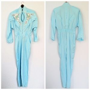 Vintage 80s Bedazzled Aqua Blue Unique Jumpsuit